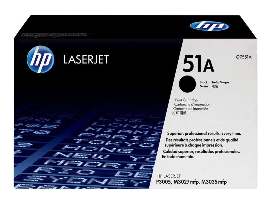 HP LaserJet 51A black toner print cartridge box, model Q7551A, featuring a black and white design with blue HP branding.