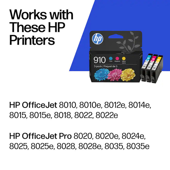 HP 910 3YN97AN Cyan/Magenta/Yellow Original Ink Cartridge 3-Pack