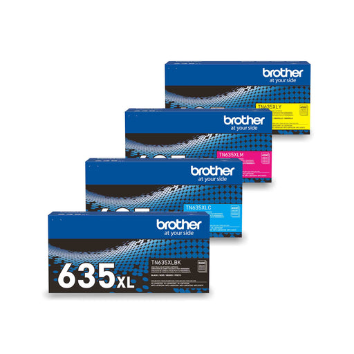 Brother TN635XL4PKBUND genuine high-yield CMYK toner bundle with packaging