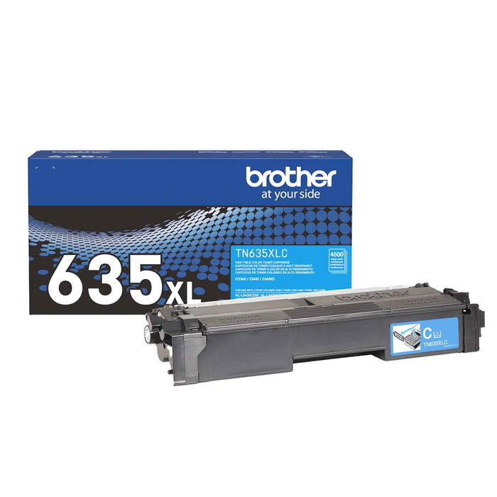 Brother TN635XLC genuine high-yield cyan toner cartridge with packaging