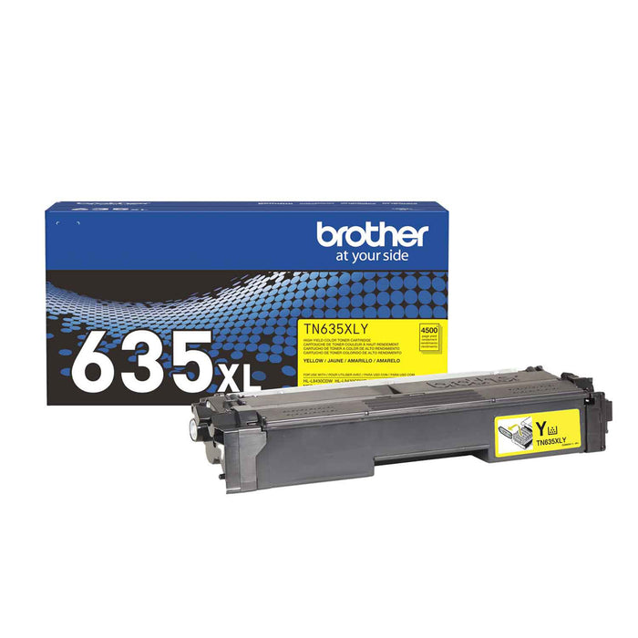 Brother TN635XLY genuine high-yield yellow toner cartridge with packaging