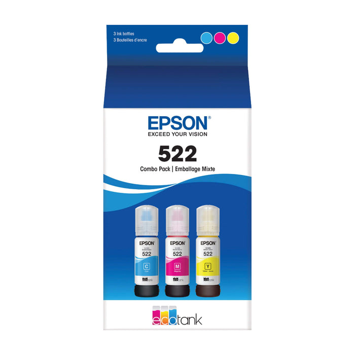 Epson 522 T522520-S Cyan/Magenta/Yellow Ultra-High Capacity Original Ink Cartridges - 3 Pack — front-facing retail box