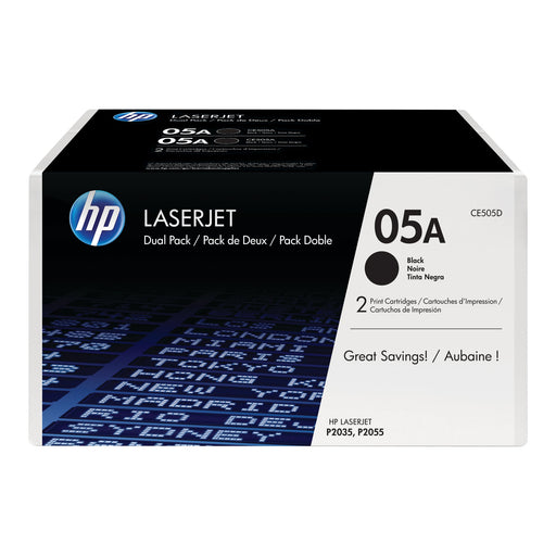 HP 05A CE505D black original LaserJet toner 2 cartridges retail box — packaging front