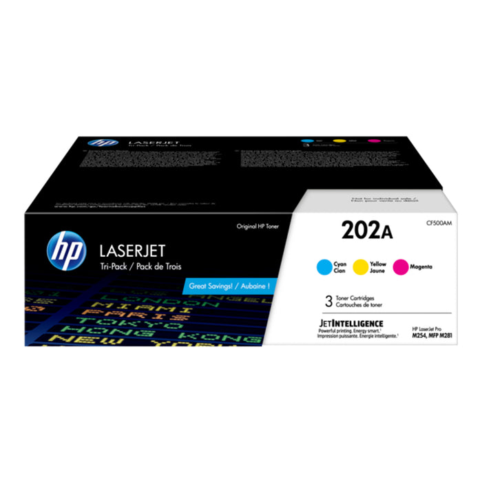 HP CF500AM 202A cyan magenta yellow 3-pack original toner cartridges