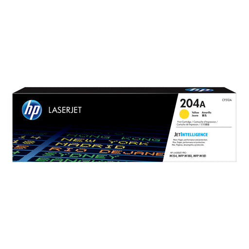 HP CF512A yellow genuine 204A toner cartridge with retail packaging