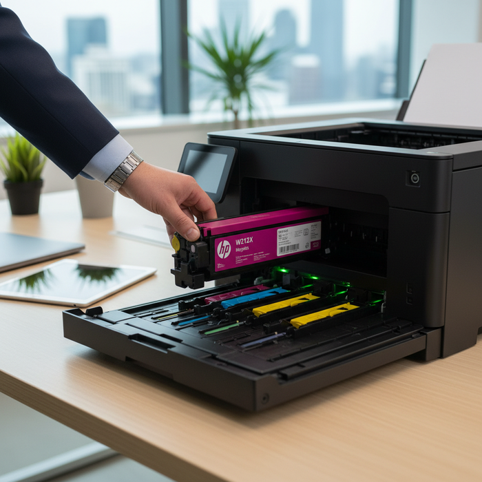 HP W2123X magenta toner cartridge being installed in HP Color LaserJet Enterprise printer