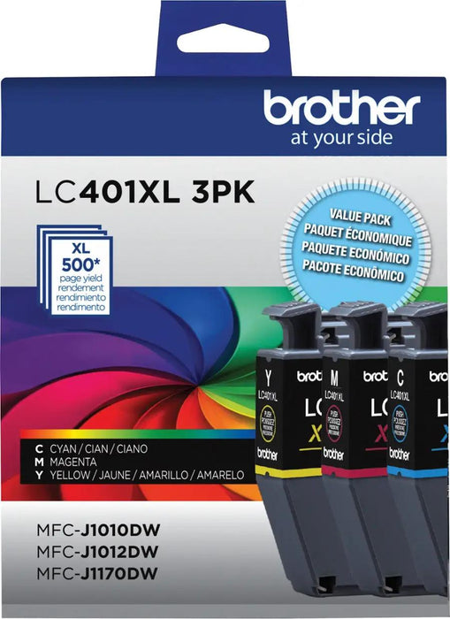 Brother LC401XL3PKS High Yield Original Ink Cartridge 3-Pack – Cyan Magenta Yellow, 500 Pages Each / 1,500 Total