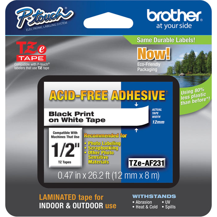 Brother TZE-AF231 Black On White Acid-Free Black on White Tape 12mm (1/ 2)