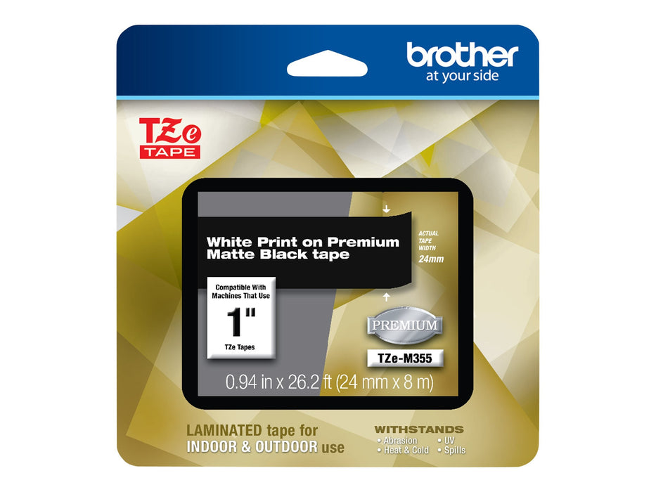 Brother TZE-M355 White White Print on Premium Matte Black Laminated Tape