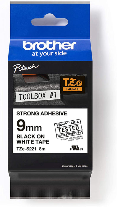 Brother TZE-S221 Black Black on White Extra Strength Super Adhesive Industrial Tape 9mm (3/8)