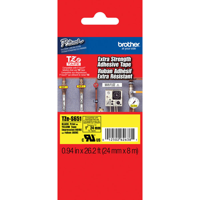 Brother TZE-S651 Black Black on Yellow Extra Strength Super Adhesive Industrial Tape 24mm (1)