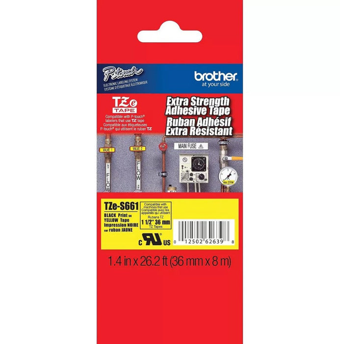 Brother TZE-S661 Black Black on Yellow Extra Strength Super Adhesive Industrial Tape 36mm (1 1/2)